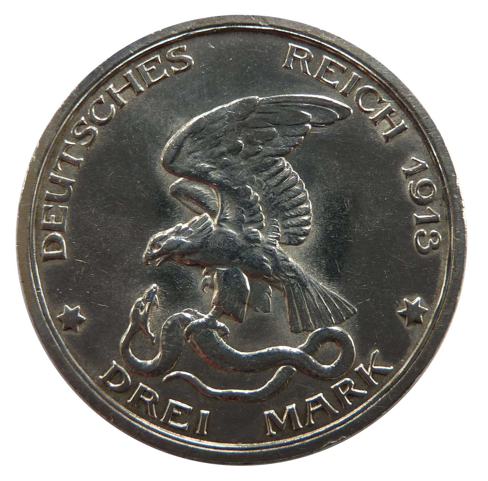 Silbermünze mit einem ausgebreiteten Adler, der eine Schlange hält, Text 'Deutsches Reich' auf weißem Hintergrund.