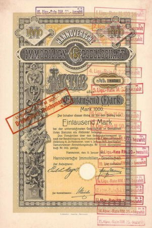 Alter deutscher Regierungsaktienchein mit rotem Stempel, Text, Zahlen und zusätzlichen Stempeln auf altem Papier.