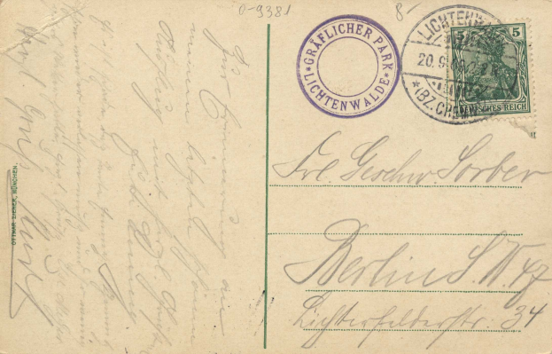Alte Postkarte mit einer Briefmarke, die "Lichtenwald, Deutschland - Brief nach Deutschland" lautet, mit handgeschriebener Text und zwei zus├Ątzlichen Briefmarken in der oberen rechten Ecke.