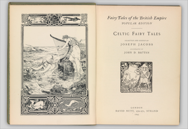 Offenes Buch mit einer Illustration eines keltischen Feenmärchens auf dem Cover, das detaillierte und leuchtende Farben zeigt, das auf einer flachen Oberfläche liegt und lesbaren Text auf der Seite hat.
