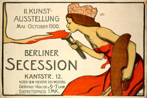 Plakat aus dem Jahr 1900, das eine Berliner Secession ankündigt und eine Frau in einem roten Kleid zeigt, die ein Objekt mit Text hält.