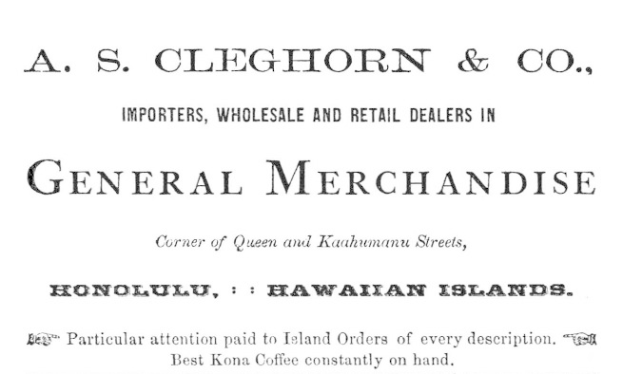 Schwarz-weißes Papier mit gedrucktem Text, der "A.S. Cleghorn & Co. Importeure, Groß- und Einzelhandelsgeschäft mit Allgemeinwaren." lautet.