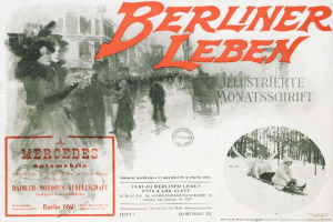 Eine Werbung für ein Mercedes-Benz-Fahrzeug in Berlin, Deutschland, das eine Gruppe von Menschen, Bäume, Gebäude, Text und einen Stempel zeigt.