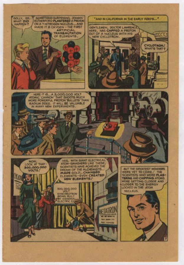 Eine Comic-Seite mit einem Mann in einem blauen Anzug, weißem Hemd und roter Krawatte mit einem ernsten Gesichtsausdruck, umgeben von einer Collage aus Illustrationen und fetter schwarzer Schrift.