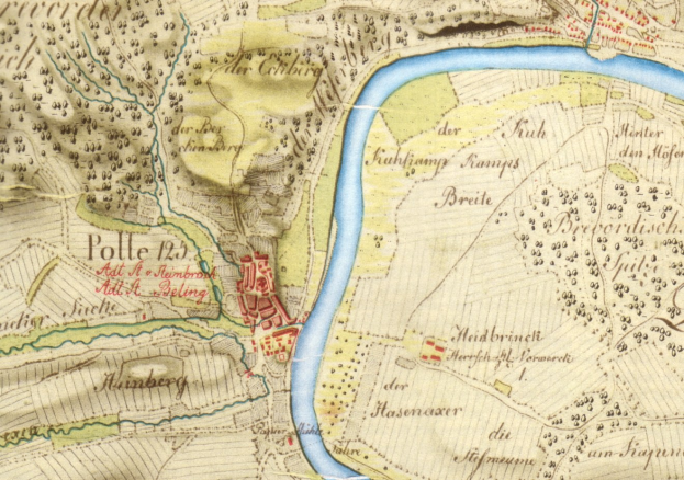 Ausführliches altes Stadtplan von Polle, Deutschland, zeigt Straße, Gebäude und einen durch die Stadt fließlenden Fluss.