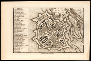 Ein altes Stadtplan von München, Deutschland, auf einem schwarzen Hintergrund, der Straßen, Gebäude und Sehenswürdigkeiten mit beschrifteten Text zeigt.