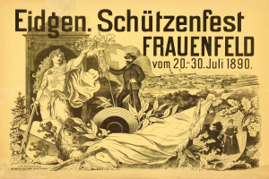 Ein Vintage-Plakat, das das Eidgen Schützenfest in Frauenfeld, Deutschland, bewirbt, zeigt einen Mann in einem Anzug und eine Frau in einem Kleid nebeneinanderstehend, mit Text, der Informationen zum Ereignis enthält.