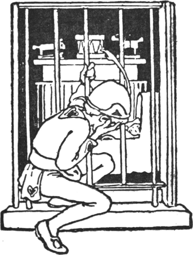 Schwarze und weiße Zeichnung eines Mannes in einer Gefängniskluft mit entschlossener Miene, der einer Fenster im Hintergrund gegenübersteht.