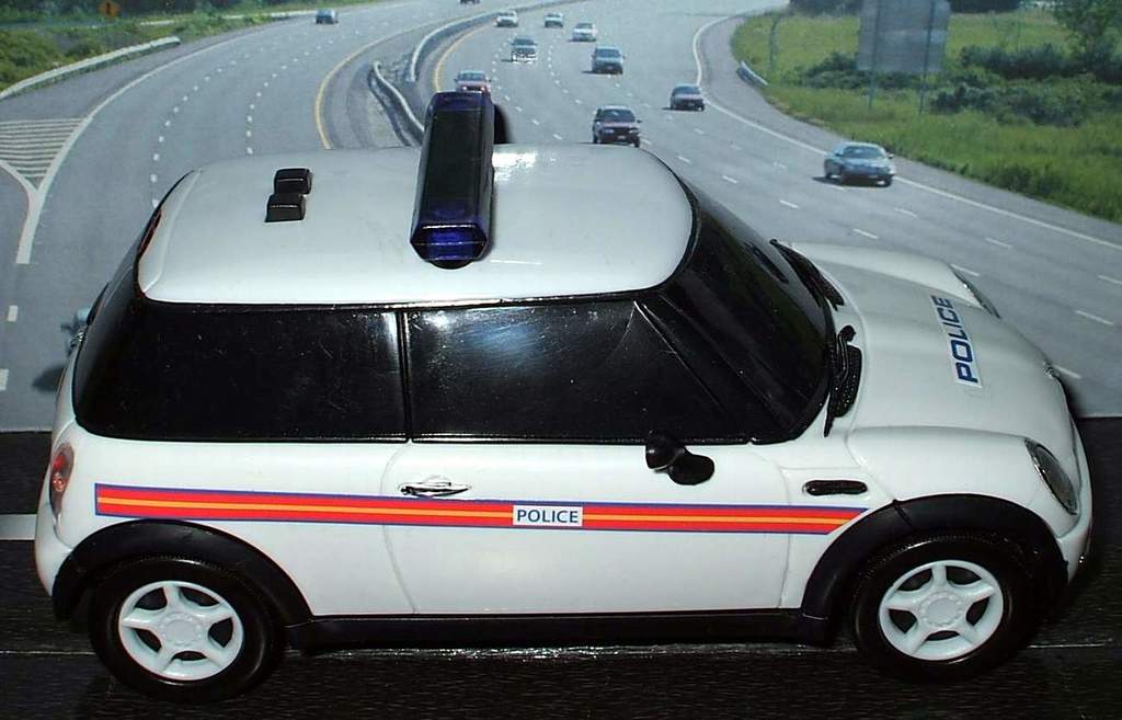 Ein weißer Polizeiwagen ist im Vordergrund geparkt, dahinter fahren mehrere Autos auf der Straße, umgeben von Gras und Bäumen auf beiden Seiten.