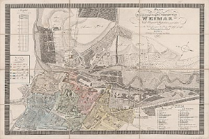 Ausführliche alte Karte von Weimar, Deutschland, die Straßen, Gebäude und Sehenswürdigkeiten zeigt, mit begleitendem Text über die Stadt.