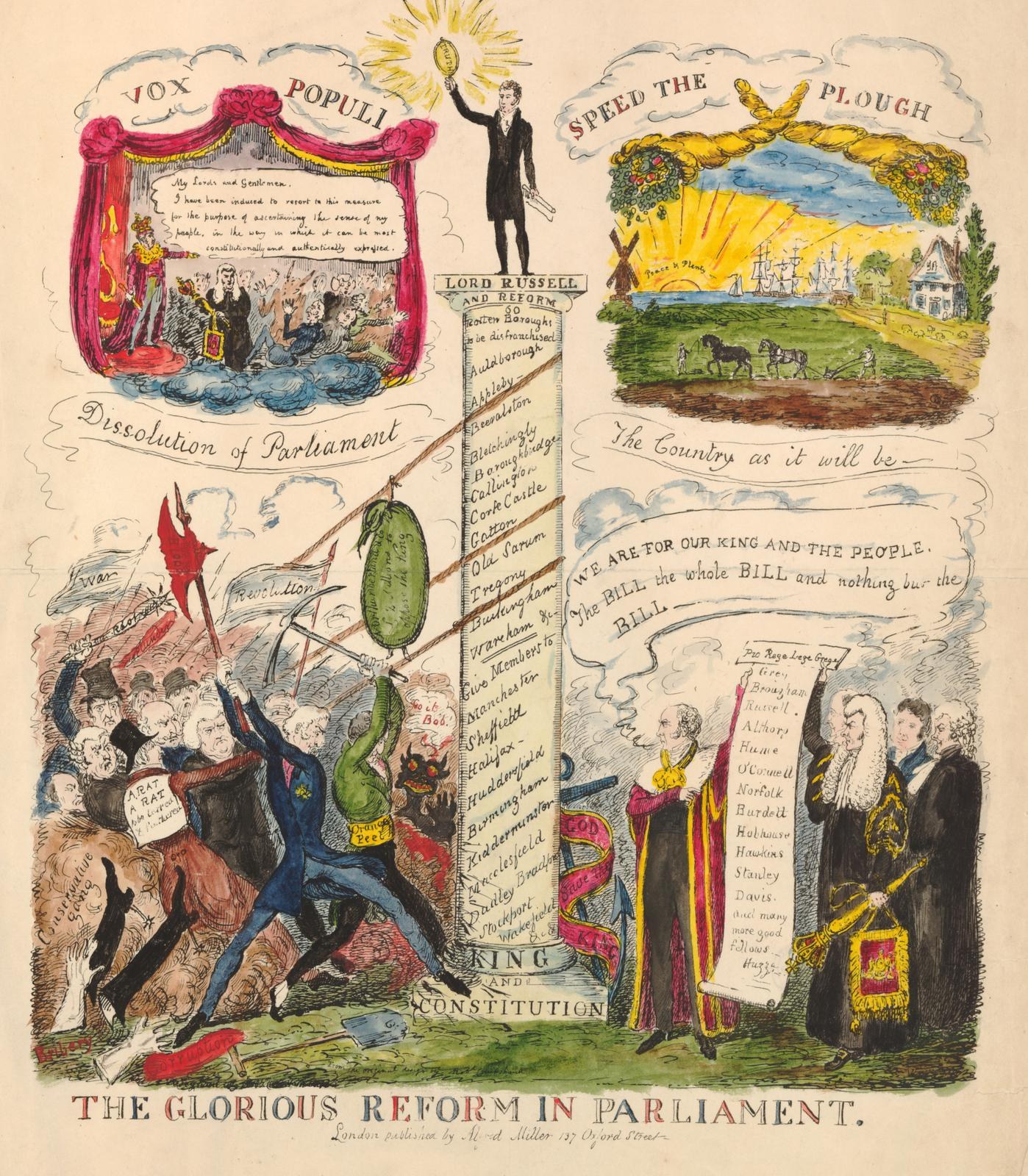 Eine bunte Papierillustration mit der Aufschrift "Die glorreichen Reformen im Parlament", die mutige Texte und verschiedene, fröhlich aussehende Menschen zeigt und somit Hoffnung und Fortschritt in der Reform symbolisiert.