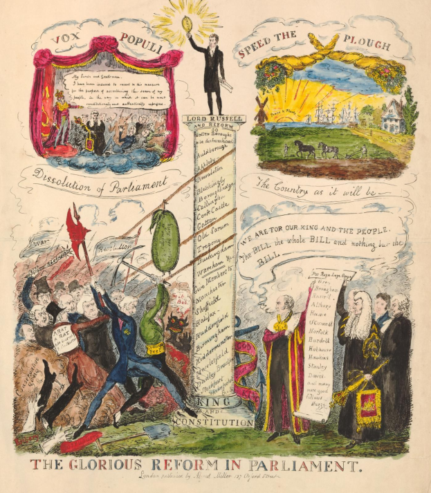 Eine bunte Papierillustration mit der Aufschrift "Die glorreichen Reformen im Parlament", die mutige Texte und verschiedene, fröhlich aussehende Menschen zeigt und somit Hoffnung und Fortschritt in der Reform symbolisiert.