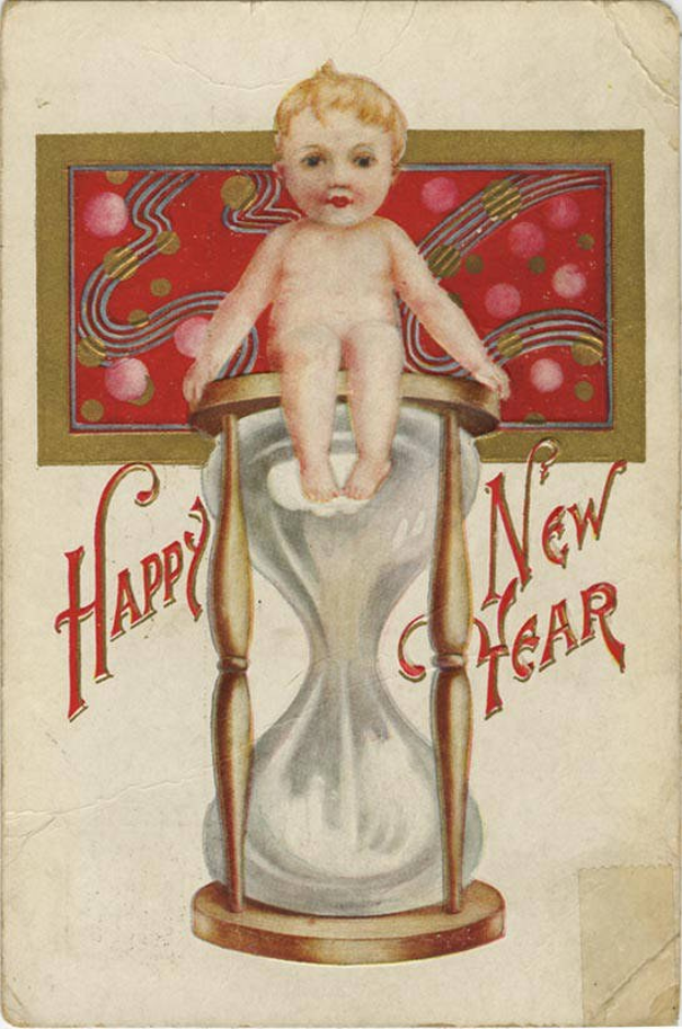 Altmodische Postkarte mit einem Baby auf einer Sanduhr sitzend und "Frohes neues Jahr" in dekorativer Schriftart, das Baby trägt ein weißes Kleid mit friedlichem Gesichtsausdruck.