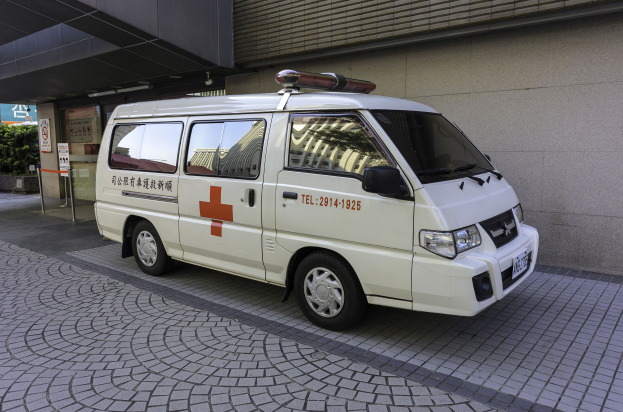 Ambulanz vor einem Gebäude mit einem Schild, das darauf hinweist, dass es ein Notfahrzeug ist, umgeben von Bäumen und Pflanzen.