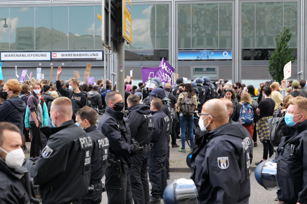 Eine große Gruppe von Menschen steht vor einem Gebäude, einige halten Schilder und tragen Helme, mit einem Mast mit einer Schautafel im Vordergrund und einem Baum im Hintergrund, die scheinbar protestieren.
