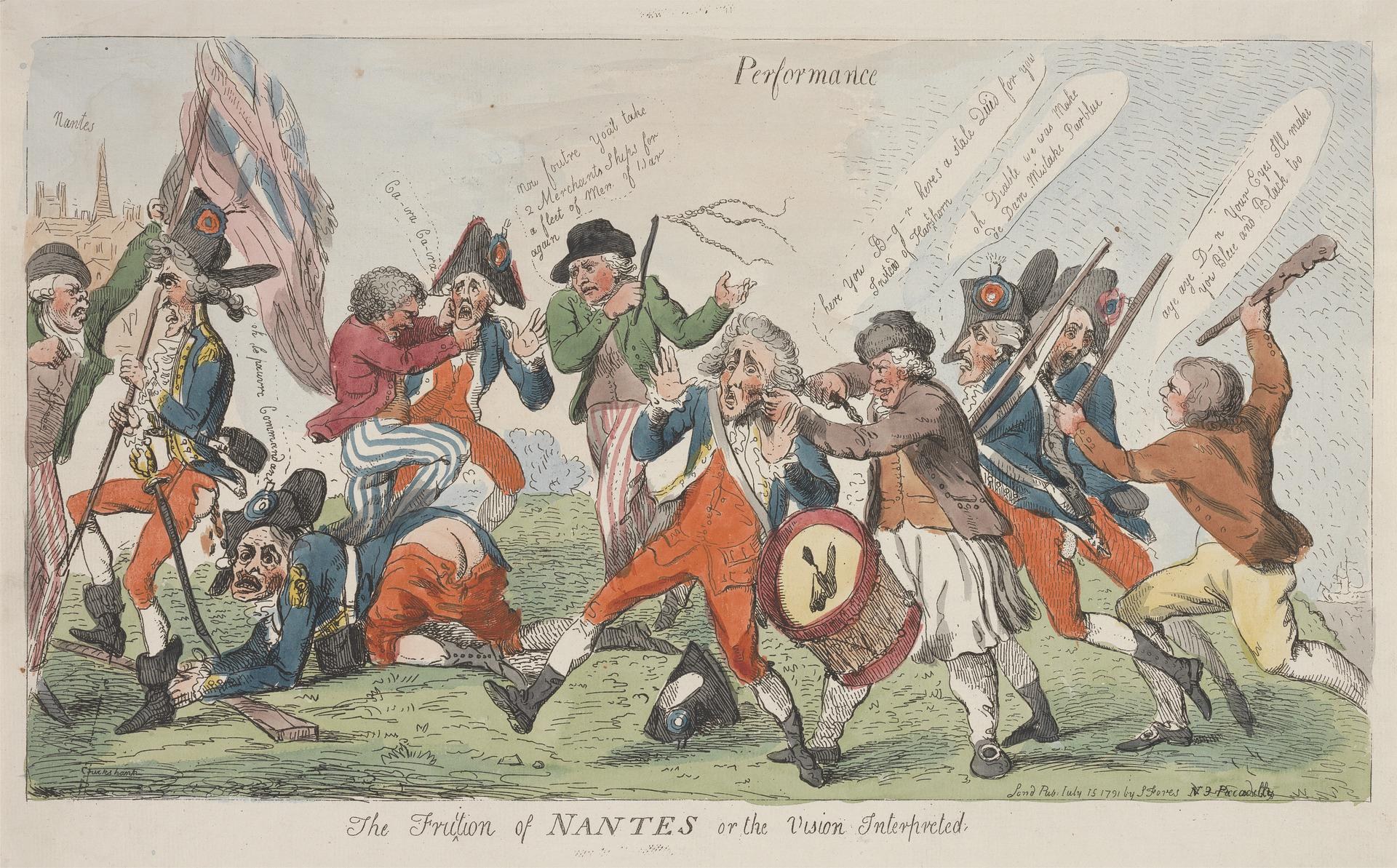 Ein Cartoon auf Papier zeigt Männer in Militäruniformen, einige halten Waffen und einer hat eine Trommel, mit der Beschriftung "Die Frustration von Nantes oder die Vision Interprecedent".