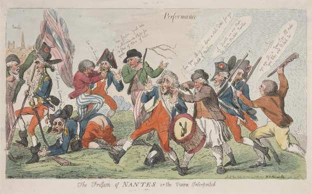 Ein Cartoon auf Papier zeigt Männer in Militäruniformen, einige halten Waffen und einer hat eine Trommel, mit der Beschriftung "Die Frustration von Nantes oder die Vision Interprecedent".