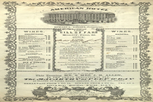 Ein altes Buch mit dem Titel "American Hotel Bill of Fare aus dem Jahr 1862" mit einem Gebäudebild auf dem Cover, das die Angebote des Restaurants auflistet.