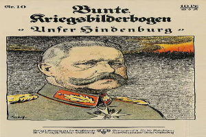 Ein deutsches Propagandaplakat mit dem Titel "Bunte Riegsbilderbogen - Unter Sindenburg", das einen Mann in militärischer Uniform mit Schnurrbart zeigt, wahrscheinlich Adolf Hitler, mit Textinformationen über die Schlacht an der Somme während des Ersten Weltkriegs.