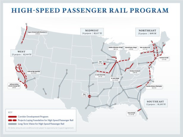 Ein Plakat mit einer detaillierten Karte des U.S.-Hochgeschwindigkeits-Personenverkehrsprogramms, einschließlich Routen und wichtiger Standorte, mit erklärendem Text über seine Ziele und Funktionen.