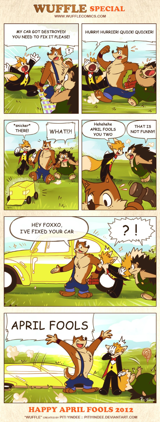 Comic-Streifen-Plakat mit der Überschrift "April Fools", das einen Cartoon-Mann und -Frau in einem hellblauen Himmel mit weißen Wolken zeigt.