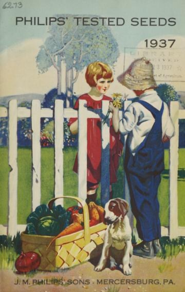 Poster from 1937 advertising Philips' tested seeds, showing two children with a basket of vegetables and a dog in front of a wooden fence, trees, and a blue sky.