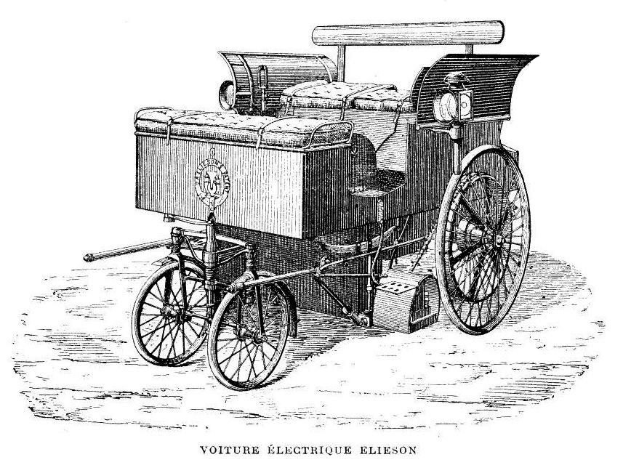 Schwarze und weiße Illustration eines altmodischen Elektroautos mit einer Kiste auf der Rückseite, beschriftet mit "Elektroauto-Zeichnung - Elektroauto-Kunstdruck" unten.