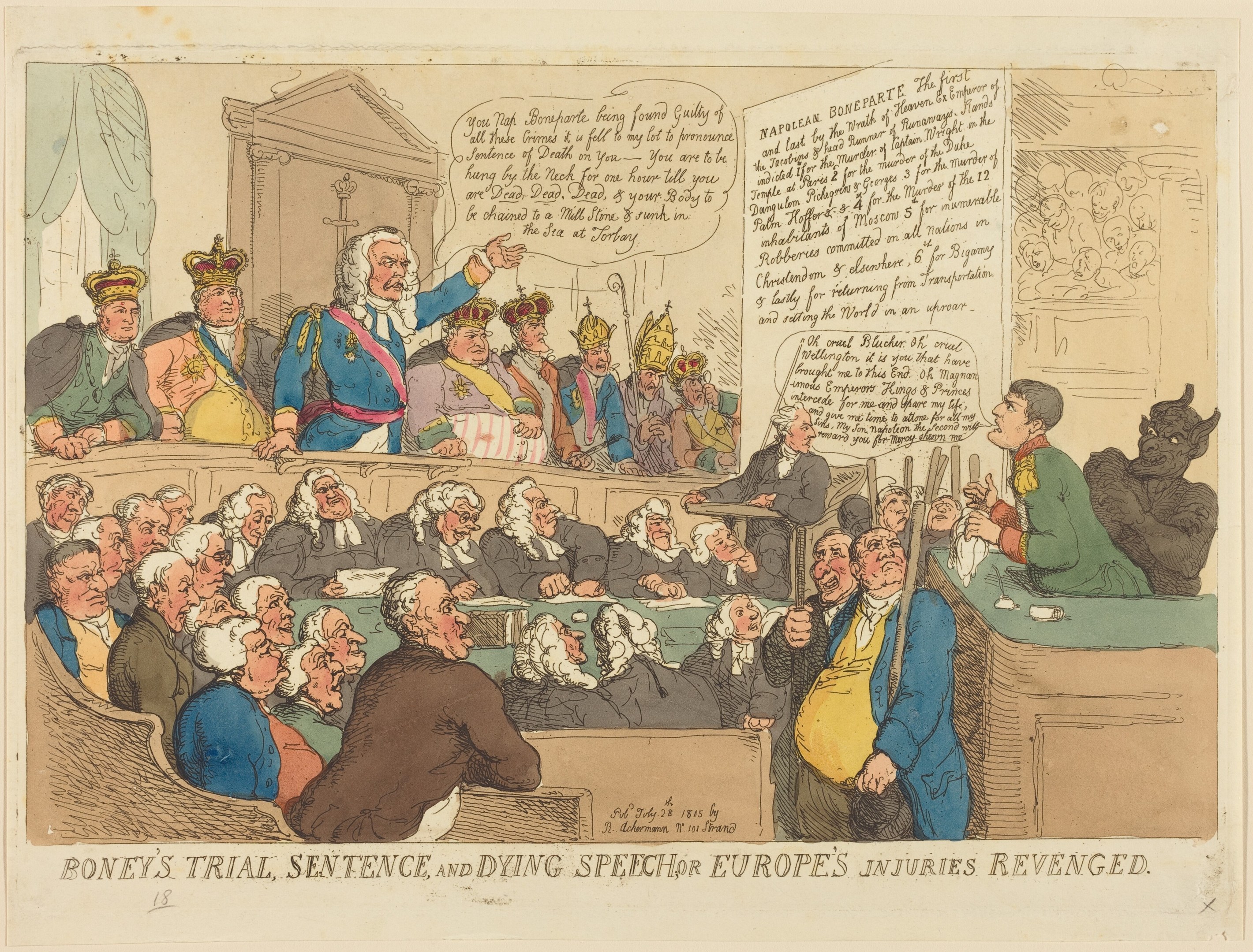 Cartoon-Illustration einer Gerichtsszene mit dem Titel 'Boney's Trial, Sentence and Dying Speech Europe's Injuries Revenged' mit einer stehenden zentralen Figur, sitzenden Beobachtern und einem Tisch mit Gegenständen auf der rechten Seite.