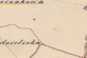 Ein detaillierter alter Stadtplan von Zczakowa, Polen, der Straßen, Gebäude, Sehenswürdigkeiten und Text mit Informationen zur Bevölkerung, Straßen und Sehenswürdigkeiten zeigt.