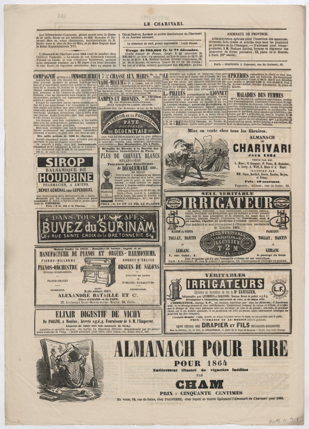 Schwarze-weiße Zeitungsseite mit mehreren Anzeigen mit Text und Bildern.