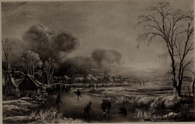 Schwarze Bleistiftzeichnung von Menschen, die auf einem zugefrorenen Fluss Schlittschuh laufen, in einer Winterlandschaft mit Bäumen, Häusern, Pflanzen und Wolken am Himmel, mit Text unten.