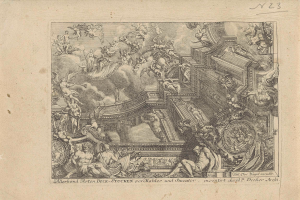 Zeichnung auf Papier, die einen Raum mit einer skulptierten Decke mit Text zeigt.