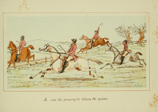 Gruppe von Menschen, die durch eine schneebedeckte Landschaft mit Pferden reiten, mit Bäumen im Hintergrund und Text unten.