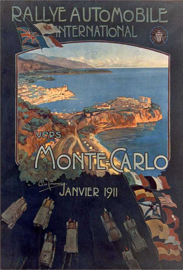 Plakat für die Rallye Automobile International in Monte Carlo, Frankreich, das eine hügelige Landschaft, einen See und einen strahlend blauen Himmel mit Event-Text zeigt.