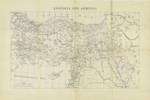Ein detailliertes Papier mit einer Karte von Anatolien und Armenien, das geografische Merkmale wie Flüsse, Berge und Städte zeigt, zusammen mit begleitendem Text, der zusätzliche Informationen bietet.