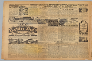 Eine alte, gelbliche Zeitung mit verschiedenen Fotos von Menschen und Text in einer ordentlichen, geschwungenen Schrift.