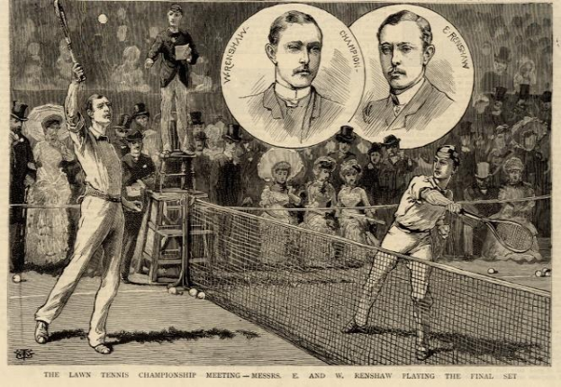 Schwarzer und weißer Zeichnung von zwei Männern, die ein Finale im Tennis spielen, mit Zuschauern im Hintergrund und dem Text "The Lawn Tennis Championship Meeting - Messers, E and W Renshaw Playing the Final Set" unten.