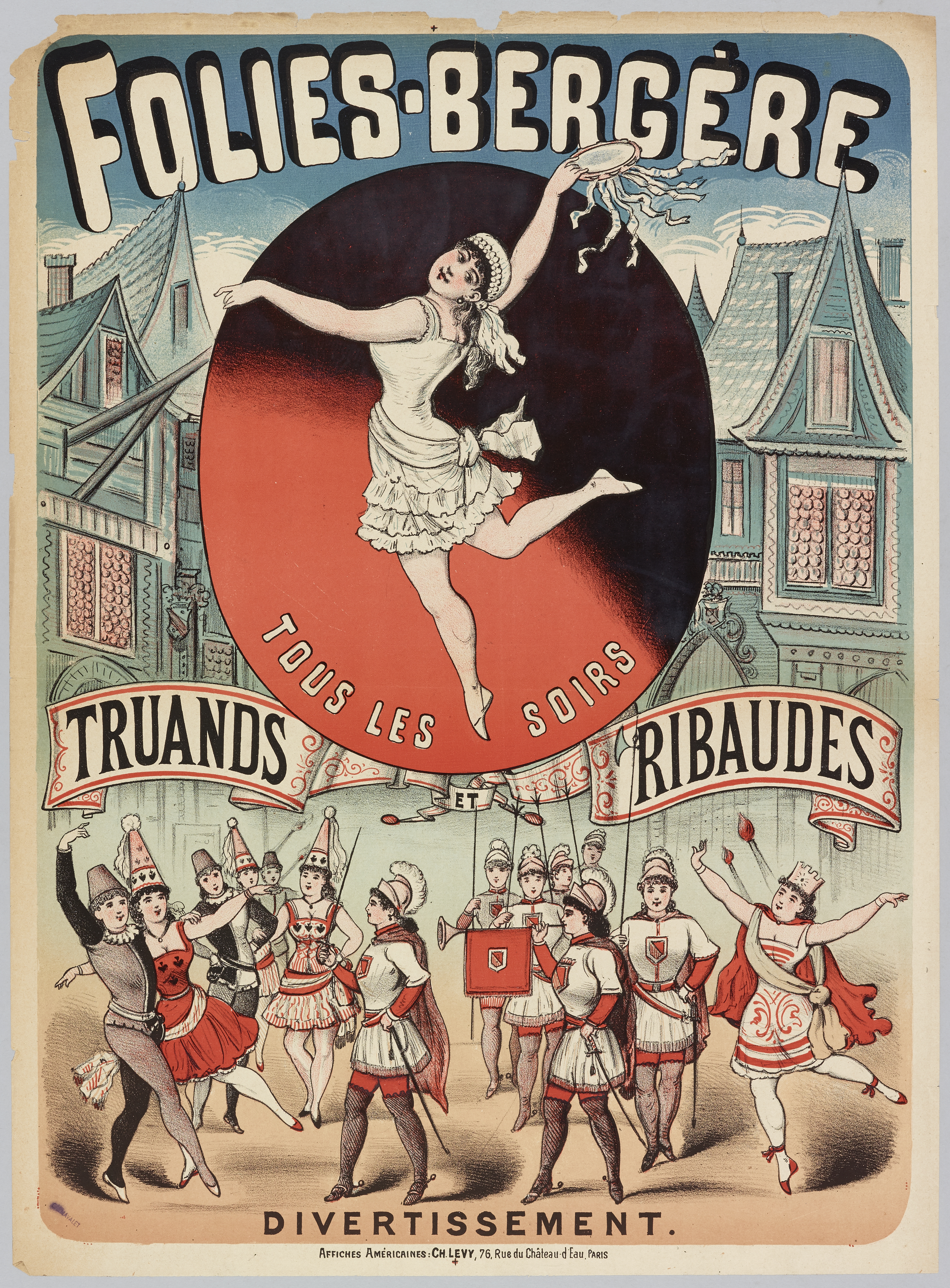 Ein Plakat, das ein Tanzshow in Paris ankündigt, zeigt eine Gruppe von Menschen, die im Vordergrund tanzen, mit Gebäuden im Hintergrund und beschreibendem Text.