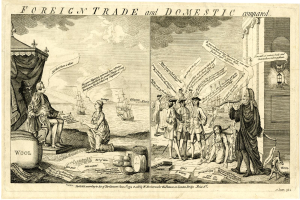 Ein Plakat mit zwei Bildern: einem Mann, der auf einem Stuhl sitzt, und einer Gruppe von Menschen, die auf dem Boden stehen, mit Booten auf dem Wasser und Wolken am Himmel im Hintergrund, und Text oben und unten mit der Aufschrift "Ausländischer Handel und Inland im Vergleich."