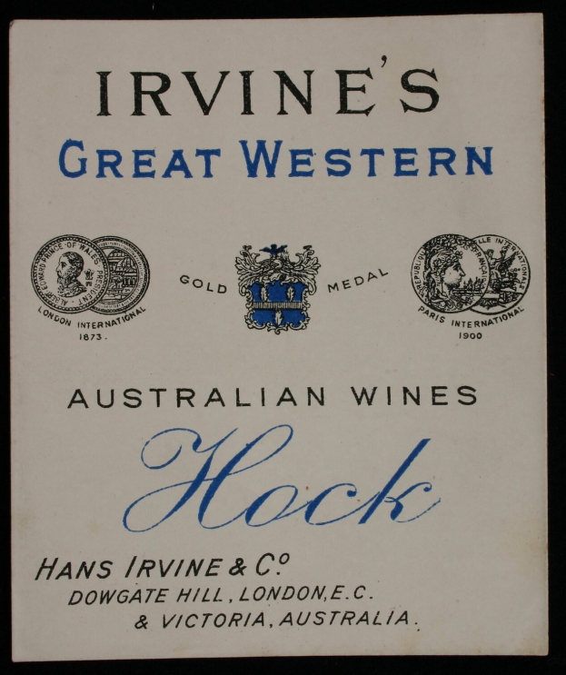 Plakat, das Irvine's Große Western Australian Wines bewirbt, mit Firmenlogos und Text einschließlich "Irvine's Große Western Australian Wines Hock."