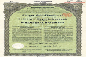 Ein altes grünes Wertpapier der Leipziger Hypothekbank mit gedrucktem Text und einem Stempel.