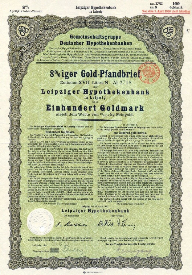 Ein altes grünes Wertpapier der Leipziger Hypothekbank mit gedrucktem Text und einem Stempel.