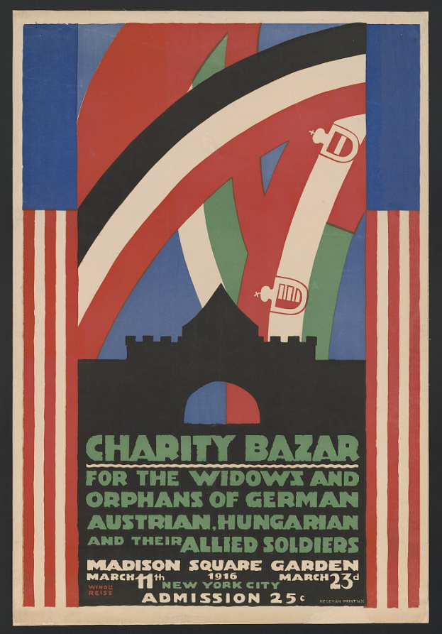 Charity-Bazar-Plakat für die Witwen und Waisen deutscher, australischer, ungarischer und alliierter Soldaten mit Veranstaltungdetails im Text.