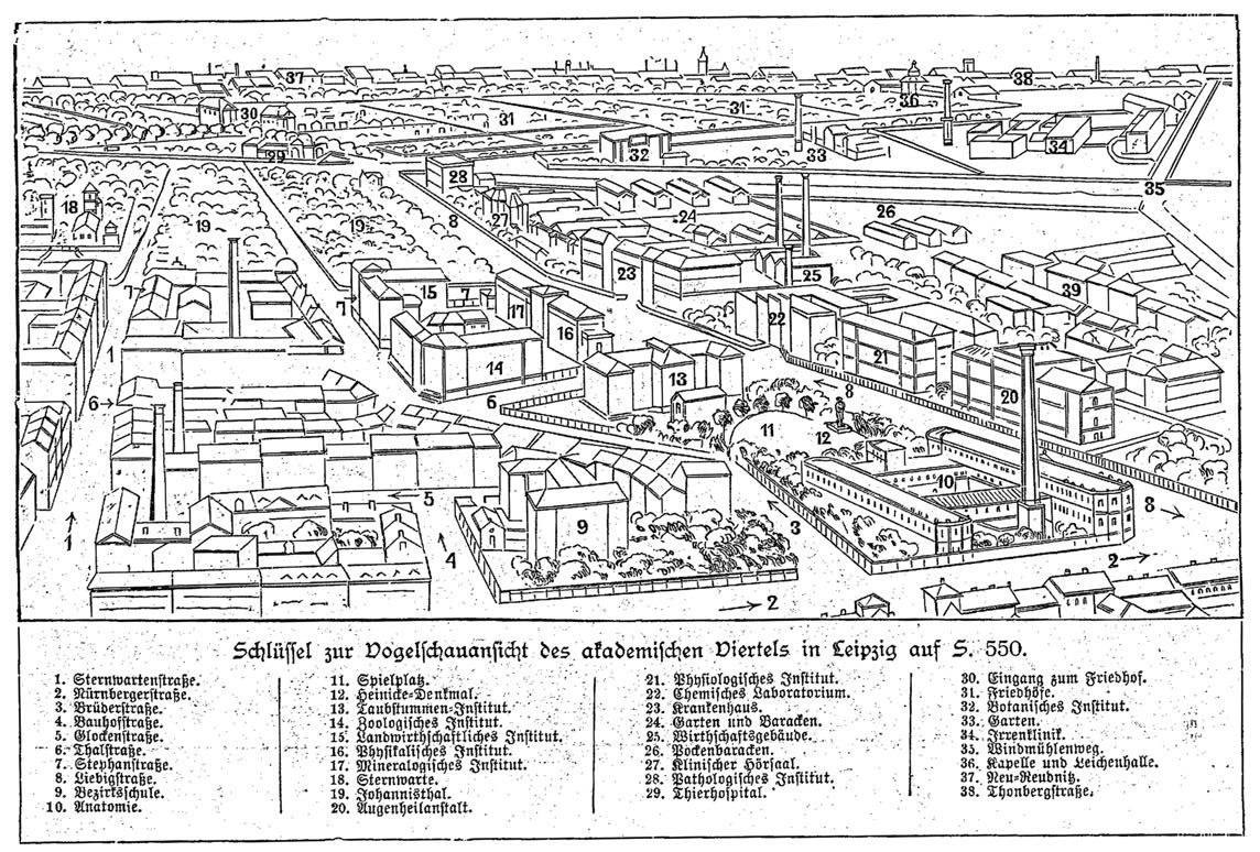 Schwarze und weiße Stadtkarte betitelt "Künstler's Plan von Berlin" mit Gebäuden, Bäumen und Pfählen.