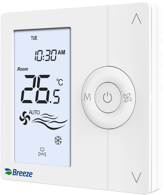Weißer digitaler programmierbarer Thermostat mit der Beschriftung "breeze digital programmierbare Thermostate" vor einem weißen Hintergrund, entworfen für Heizungs- und Klimasteuerung.