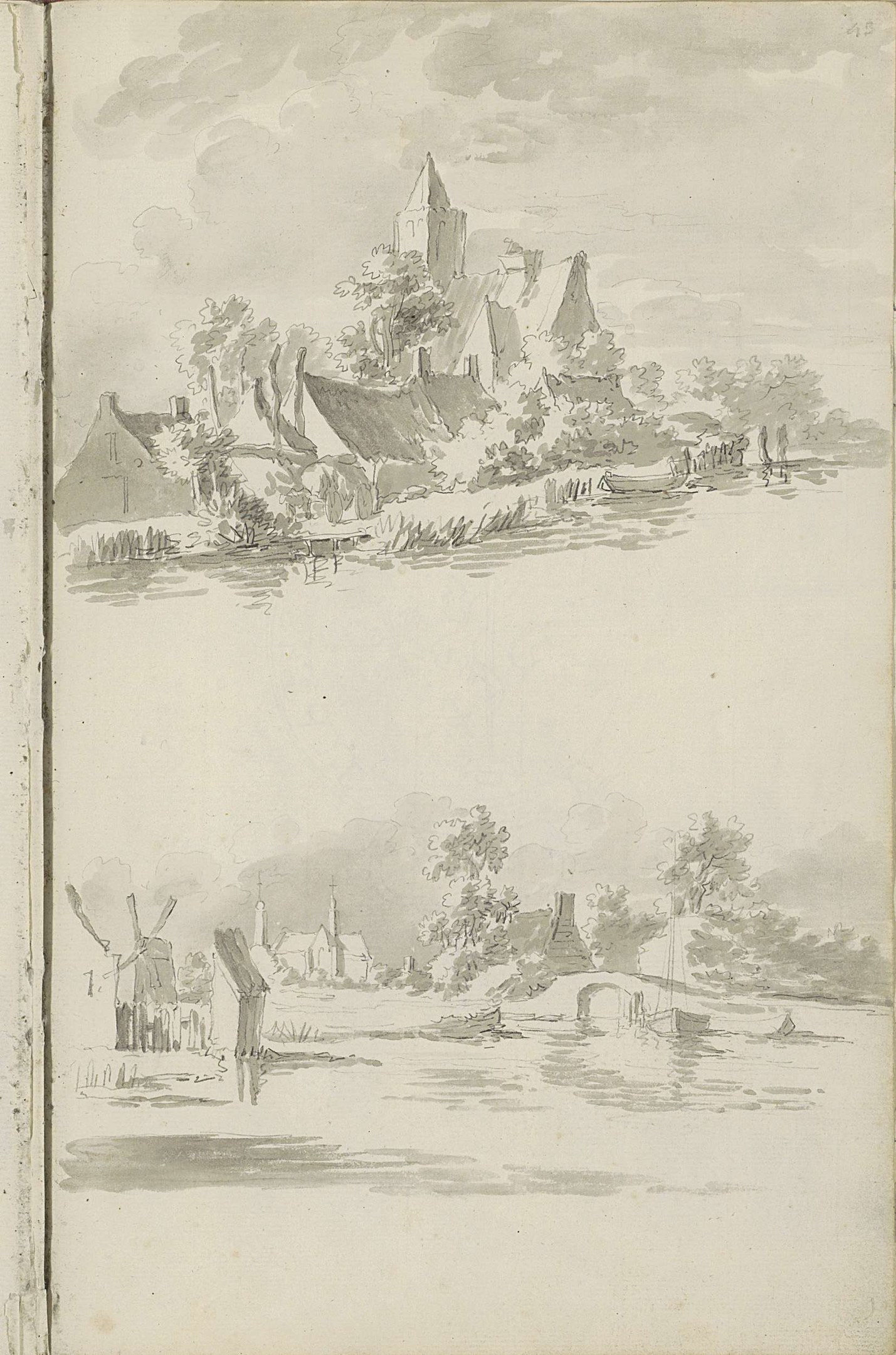 Offenes Buch mit einer Landschaftsillustration, die ein Schloss, Bäume, Häuser, einen Wasserlauf und wolkige Himmel zeigt.