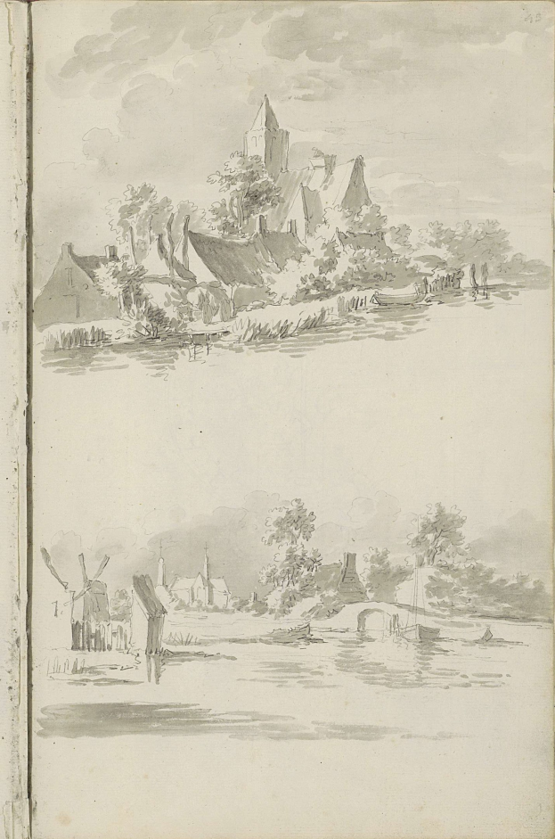 Offenes Buch mit einer Landschaftsillustration, die ein Schloss, Bäume, Häuser, einen Wasserlauf und wolkige Himmel zeigt.