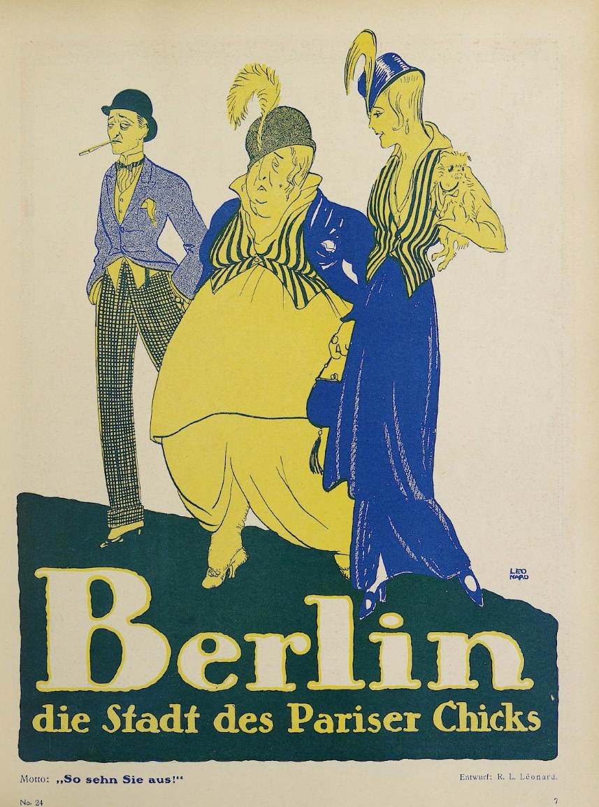 Plakat für ein Berliner Konzert mit dem Titel "Berlin - Die Stadt des Pariser Chicks", das eine Gruppe von Menschen in bunten Kleidern vor einem Gebäude zeigt, die scheinbar Spaß haben.