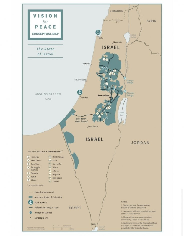 Ein Plakat mit der Aufschrift "Vision für Friedenskonzept-Karte" zeigt eine farbcodierte Karte Israels mit fetter schwarzer Schrift oben.