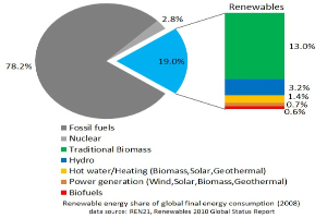 Tortendiagramm, das den globalen Verbrauch erneuerbarer Energien im Jahr 2008 zeigt, aufgeteilt nach Energiequellen einschließlich fossiler Brennstoffe, Kernenergie, Wasserkraft, Warmwasser, Heizung, Biomasse, Solarenergie, Geothermie und Biokraftstoffe.